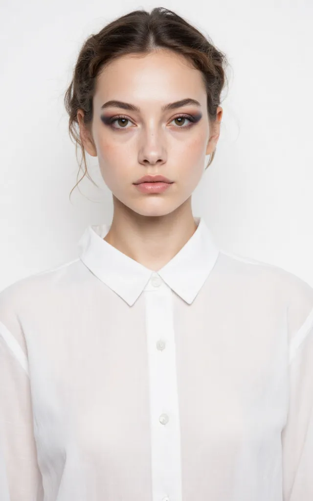 A French female model with a Japanese   inspired makeup style, wearing a shirt, against a white background, in a front   facing bust portrait